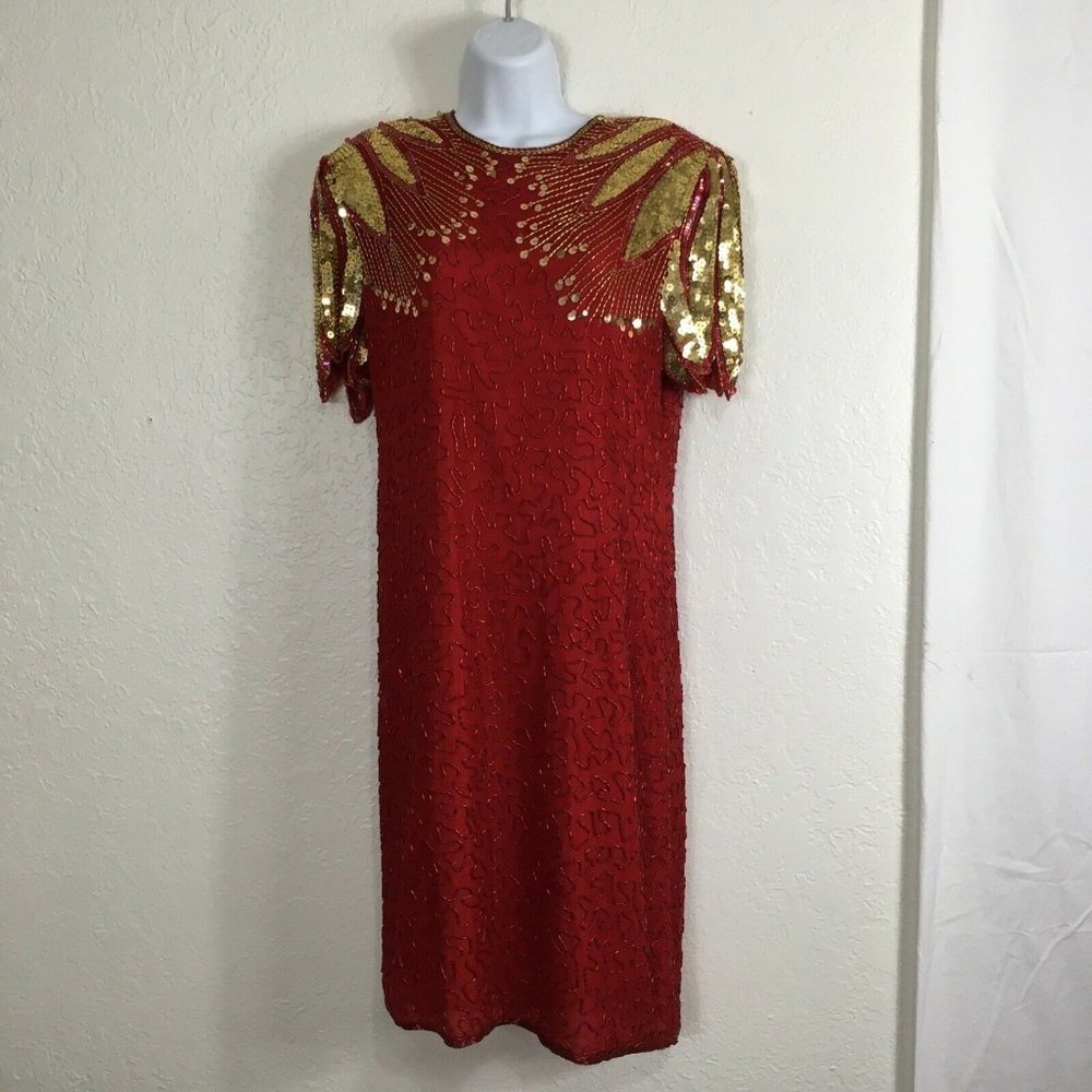 Scala Dress XL Silk Red Gold Sequined Beaded Cocktail Keyhole Back Lined VTG SS
